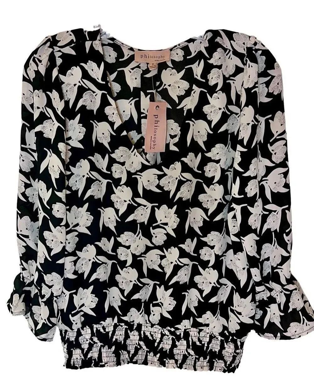 NWT Philosophy Top Blouse Black White Floral Print, L/S, Sz Sm.